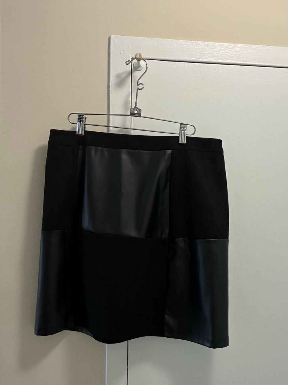 Black Faux Leather Panel A-Line Skirt
